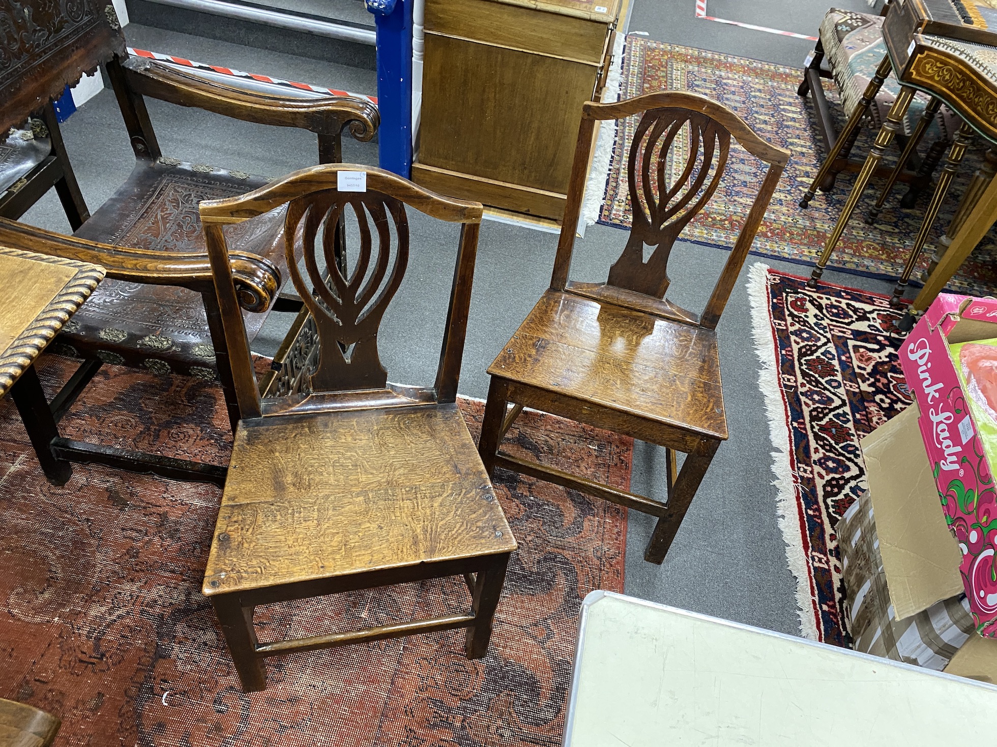 Four associated George III provincial wood seat dining chairs (2 pairs)